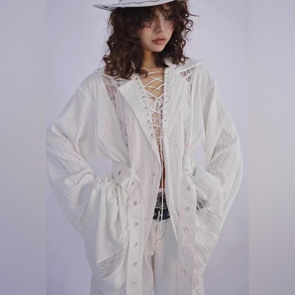 Unique texture artistic white shirt with straps